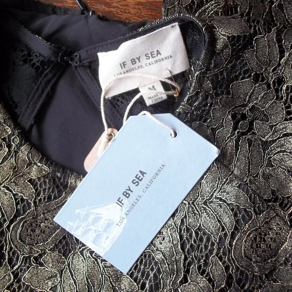 IF BY SEA Gold Lace Overlay Black Mini Fit n Flare Dress w Cutout Back Sz M NWT - Picture 8 of 8